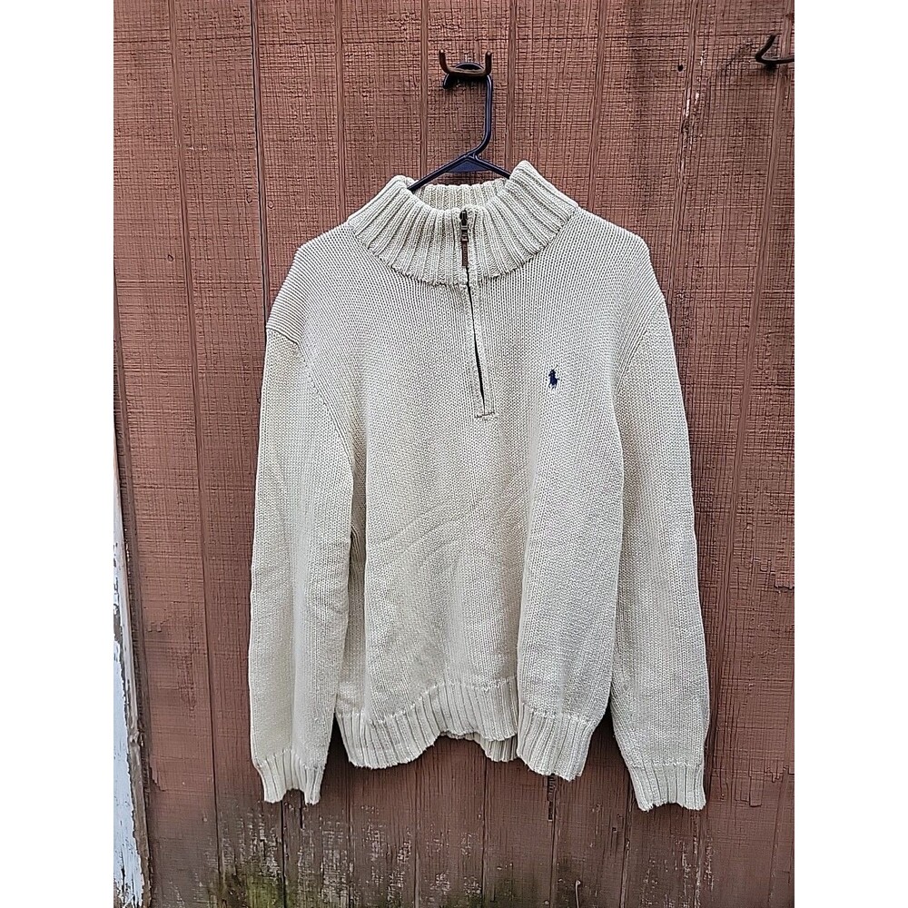 Polo Ralph Lauren 1/4 Zip Sweater Mens XL Brown Tan Leather Cotton